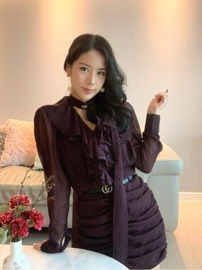 Korean brand Seooocookie Polka Dot Ruffle Silk-Feel Mini Dress - Pink & Black